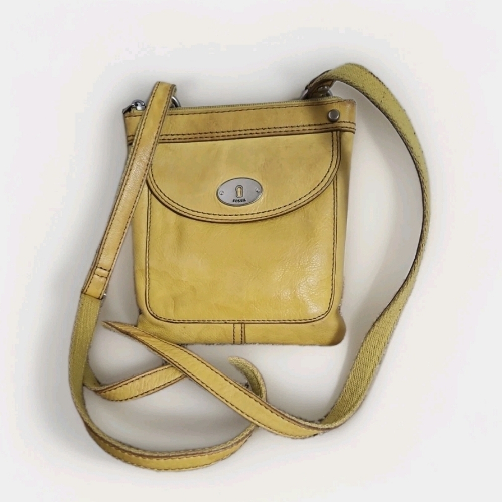 Vintage Leather Fossil Mustard Yellow Crossbody Purse Small